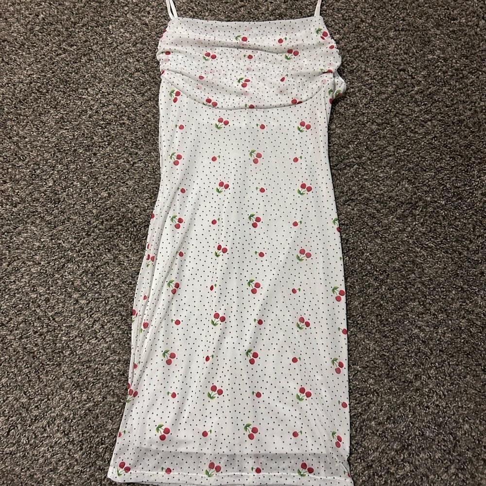 Cherry Print White Midi Dress
